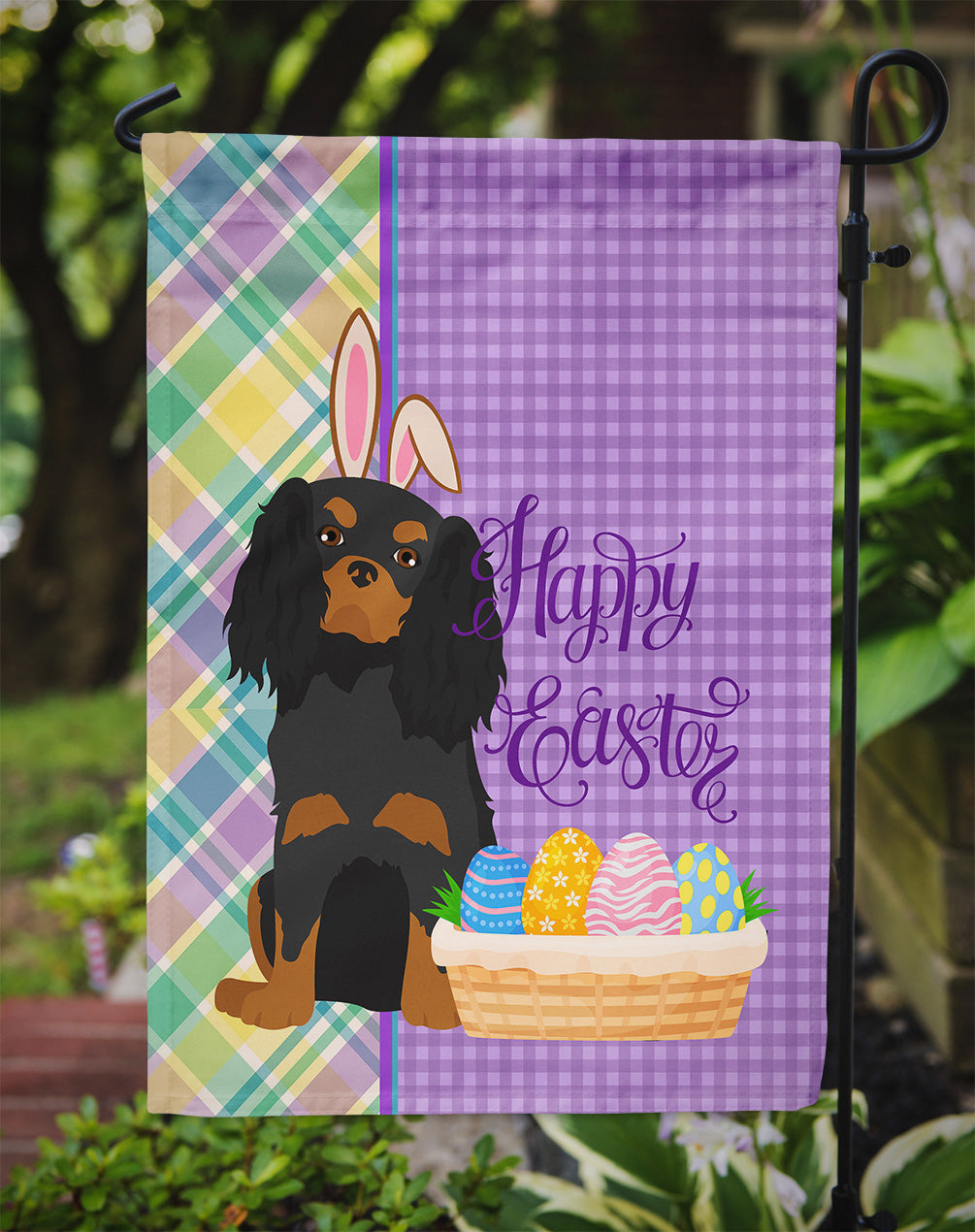Black and Tan Cavalier Spaniel Easter Flag Garden Size  the-store.com.
