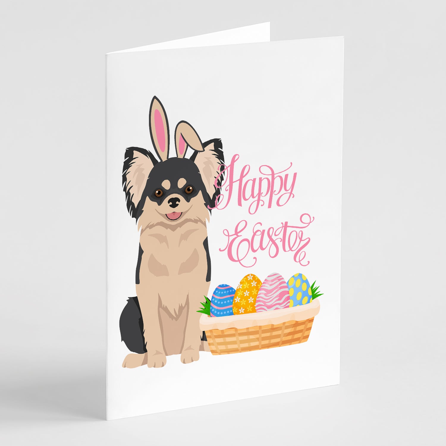 Buy this Longhaired Black and White Chihuahua Easter Greeting Cards and Envelopes Pack of 8