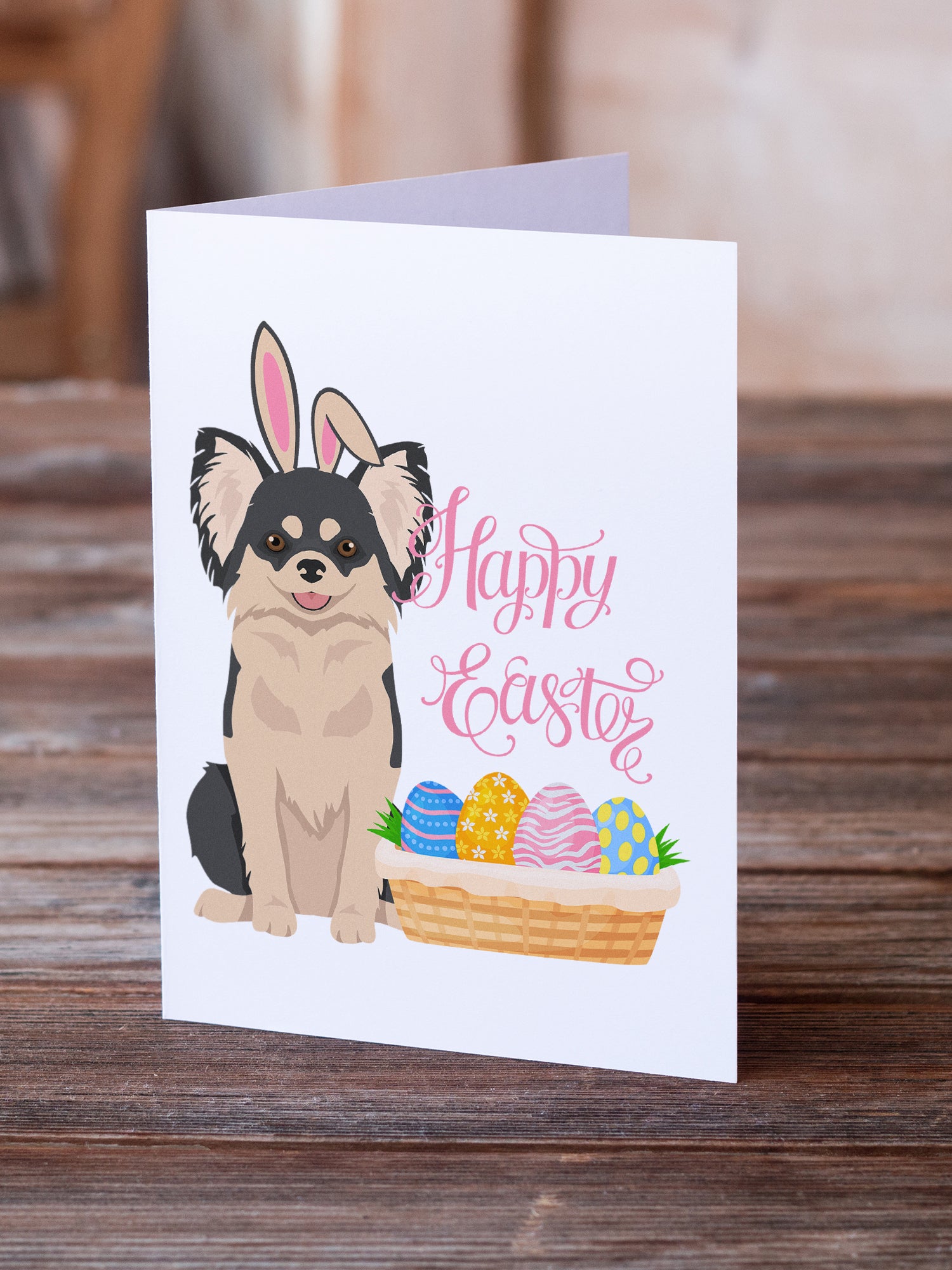 Buy this Longhaired Black and White Chihuahua Easter Greeting Cards and Envelopes Pack of 8