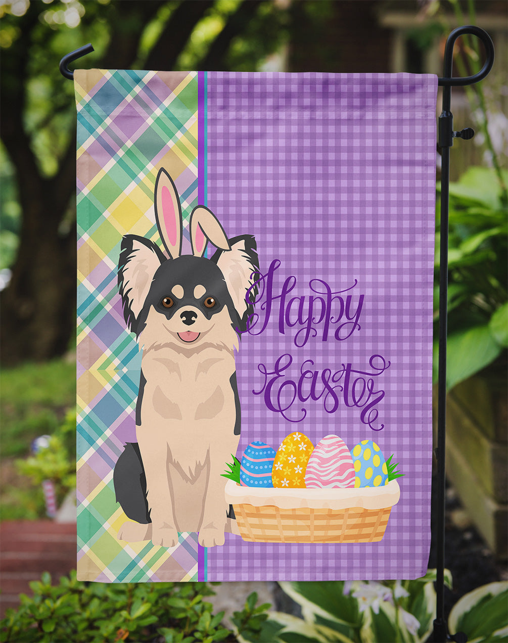 Longhaired Black and White Chihuahua Easter Flag Garden Size  the-store.com.