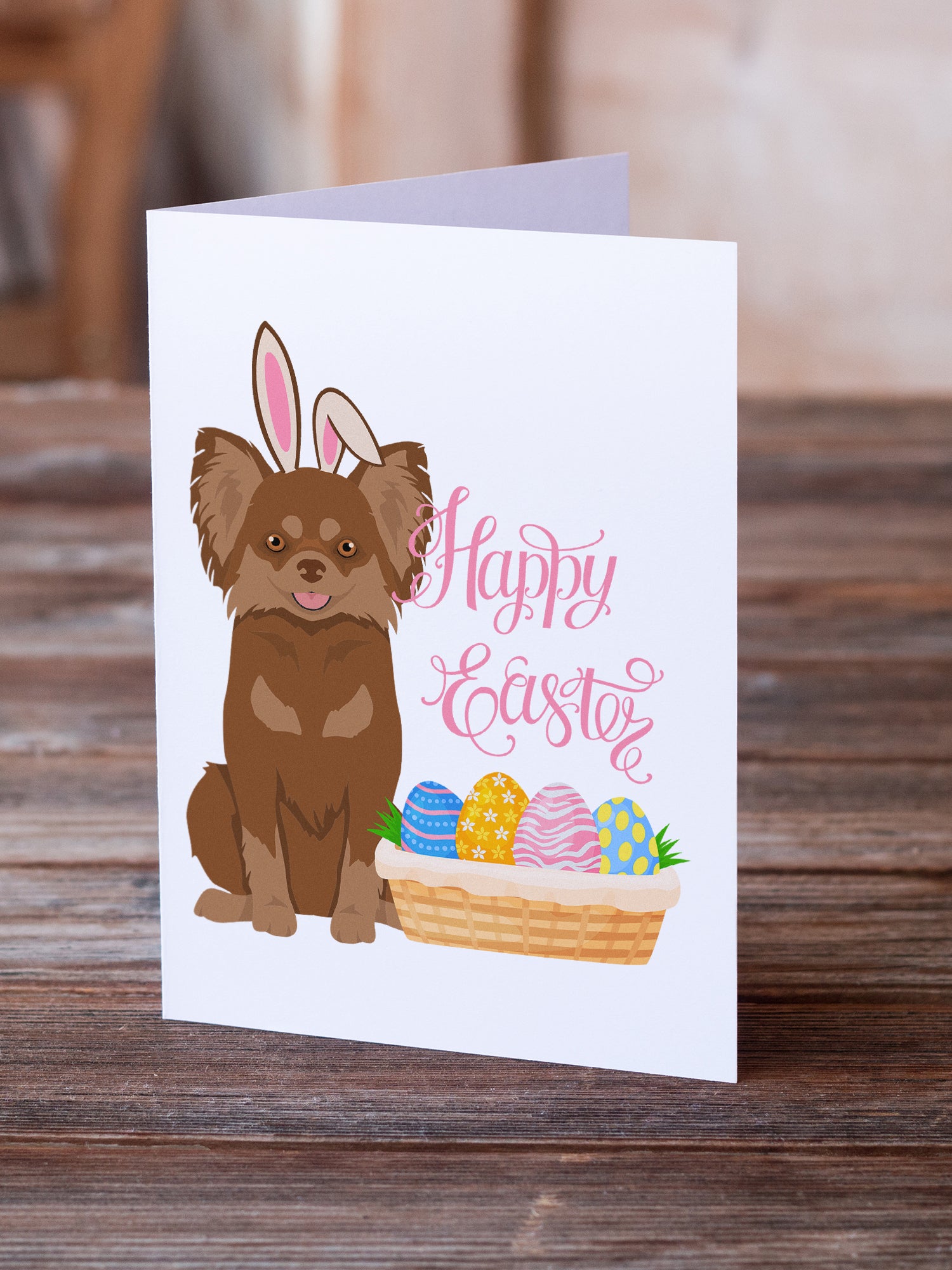 Longhaired Chocolate and Tan Chihuahua Easter Greeting Cards and Envelopes Pack of 8 - the-store.com