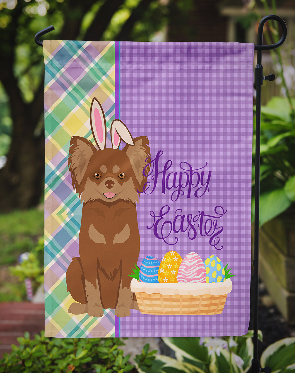 Longhaired Chocolate and Tan Chihuahua Easter Flag Garden Size  the-store.com.