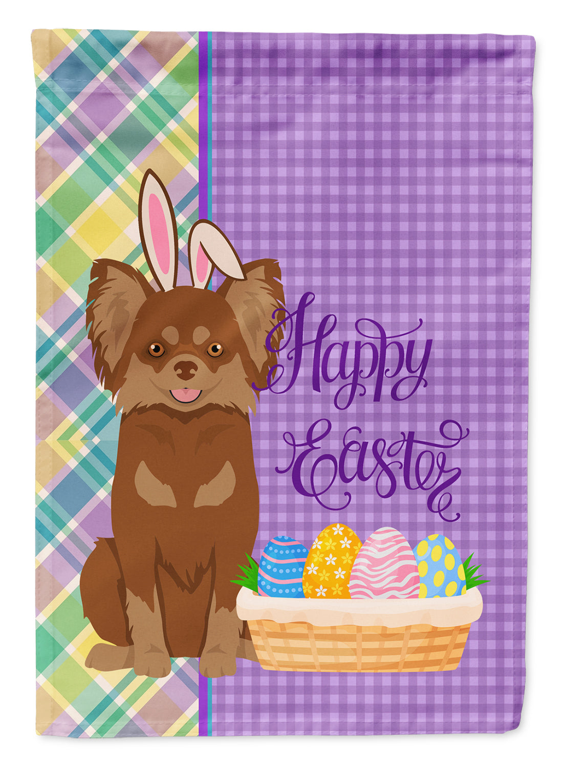 Longhaired Chocolate and Tan Chihuahua Easter Flag Garden Size  the-store.com.
