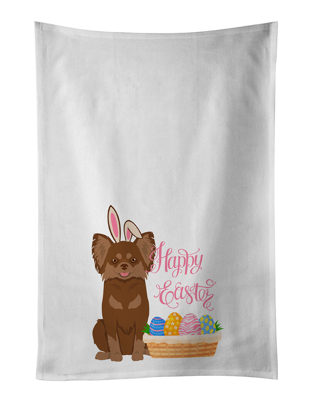 Buy this Longhaired Chocolate and Tan Chihuahua Easter White Kitchen Towel Set of 2 Dish Towels