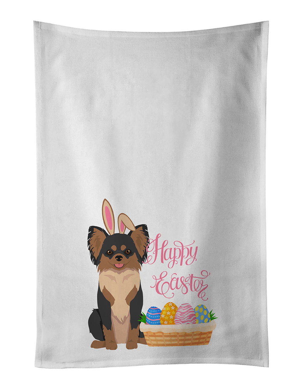 Buy this Longhaired Black and Tan Chihuahua Easter White Kitchen Towel Set of 2 Dish Towels