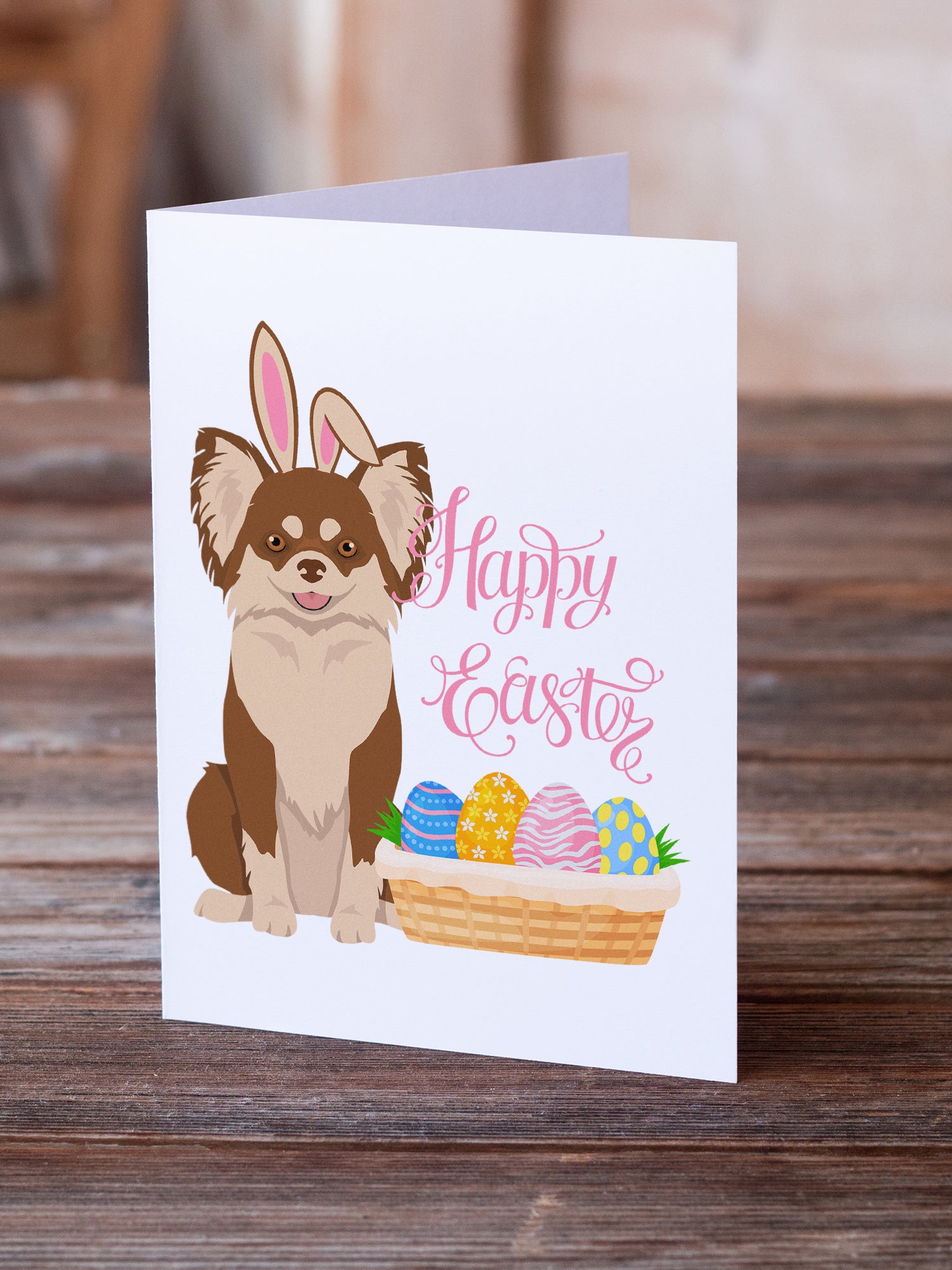 Longhaired Chocolate and White Chihuahua Easter Greeting Cards and Envelopes Pack of 8 - the-store.com