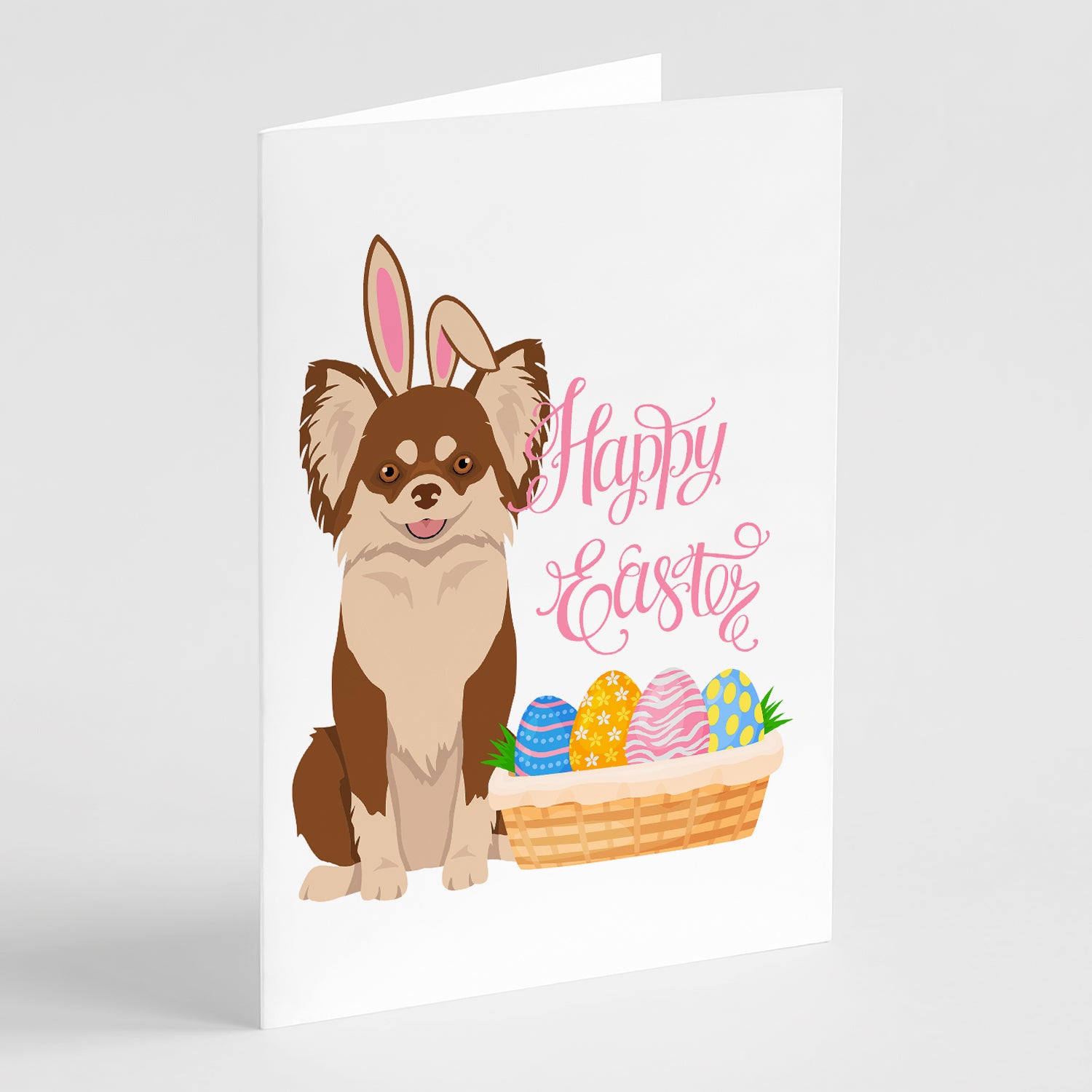 Buy this Longhaired Chocolate and White Chihuahua Easter Greeting Cards and Envelopes Pack of 8