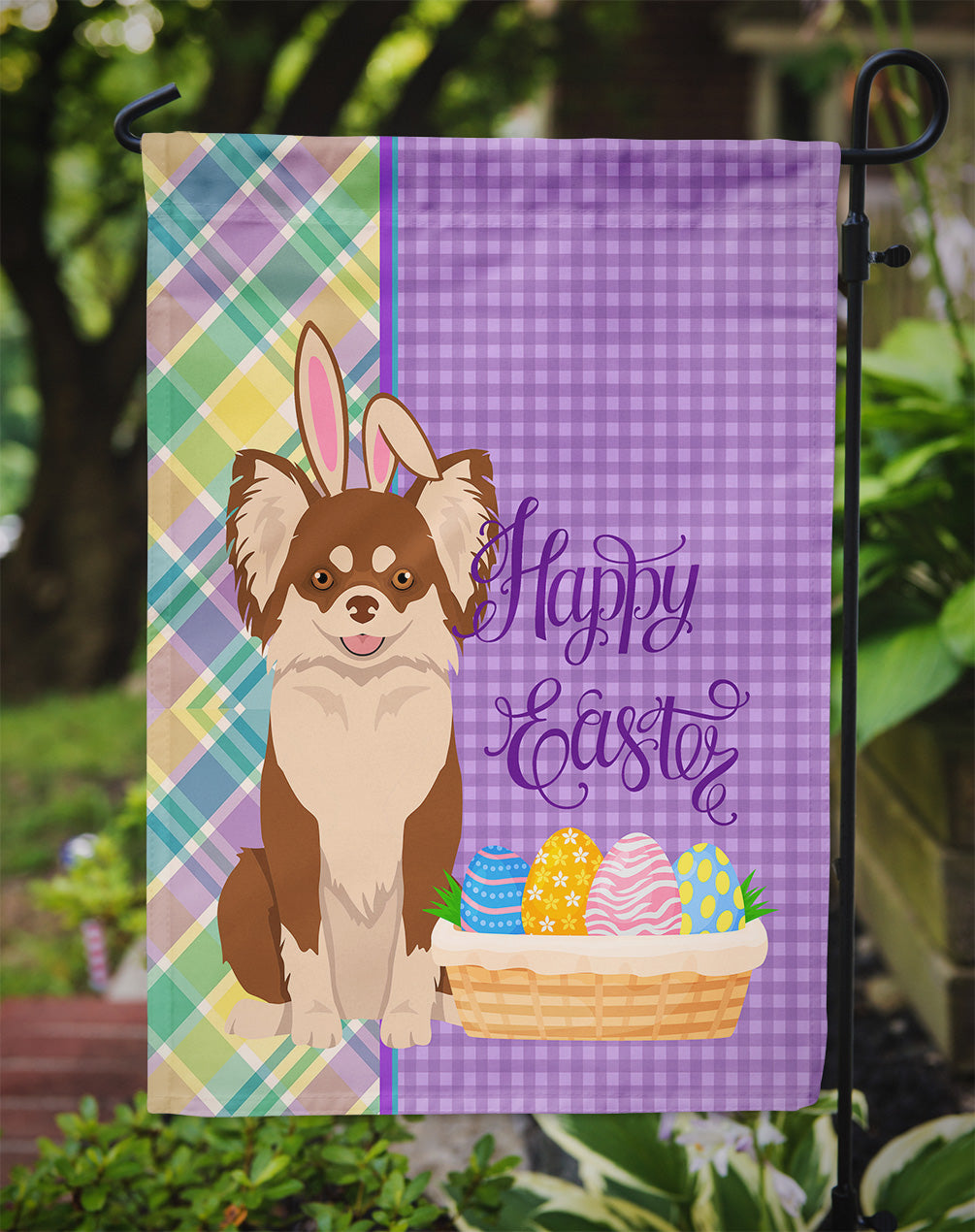 Longhaired Chocolate and White Chihuahua Easter Flag Garden Size  the-store.com.