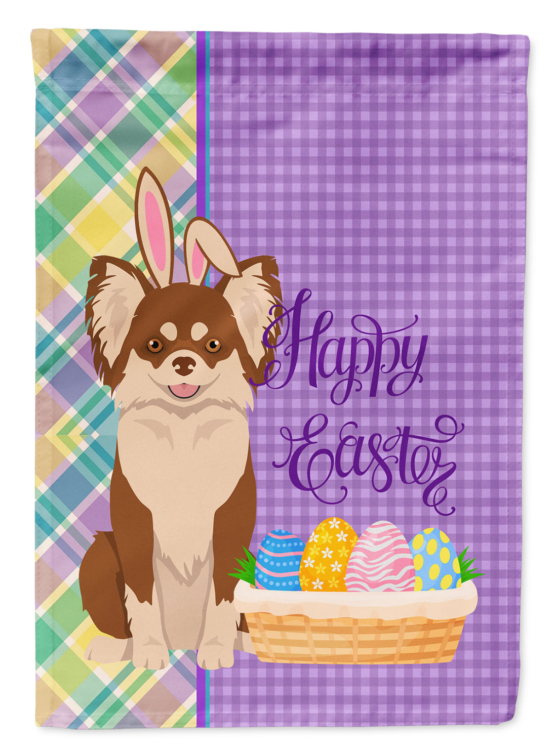Longhaired Chocolate and White Chihuahua Easter Flag Garden Size  the-store.com.