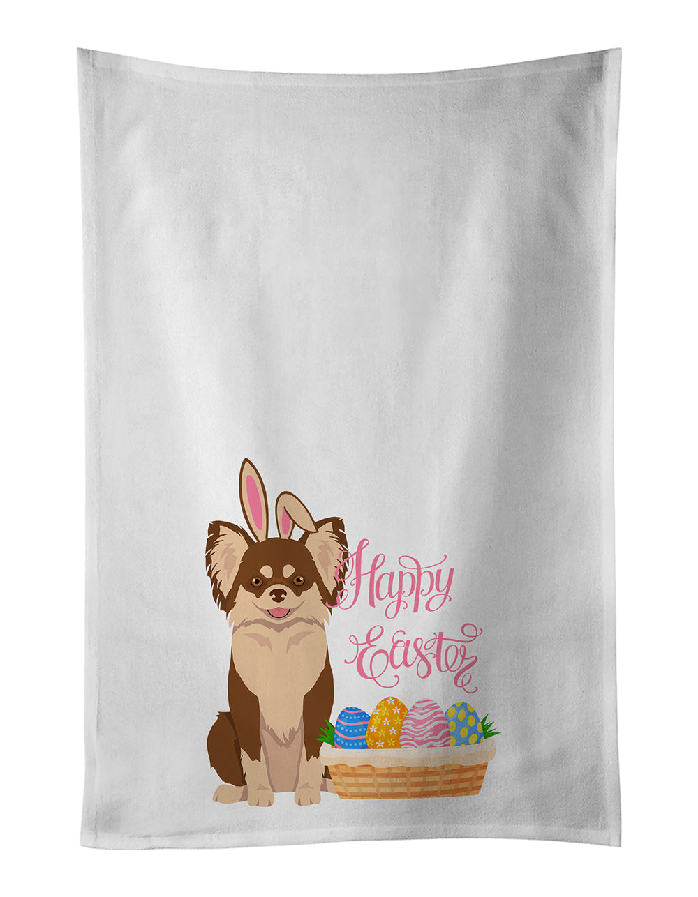 Buy this Longhaired Chocolate and White Chihuahua Easter White Kitchen Towel Set of 2 Dish Towels