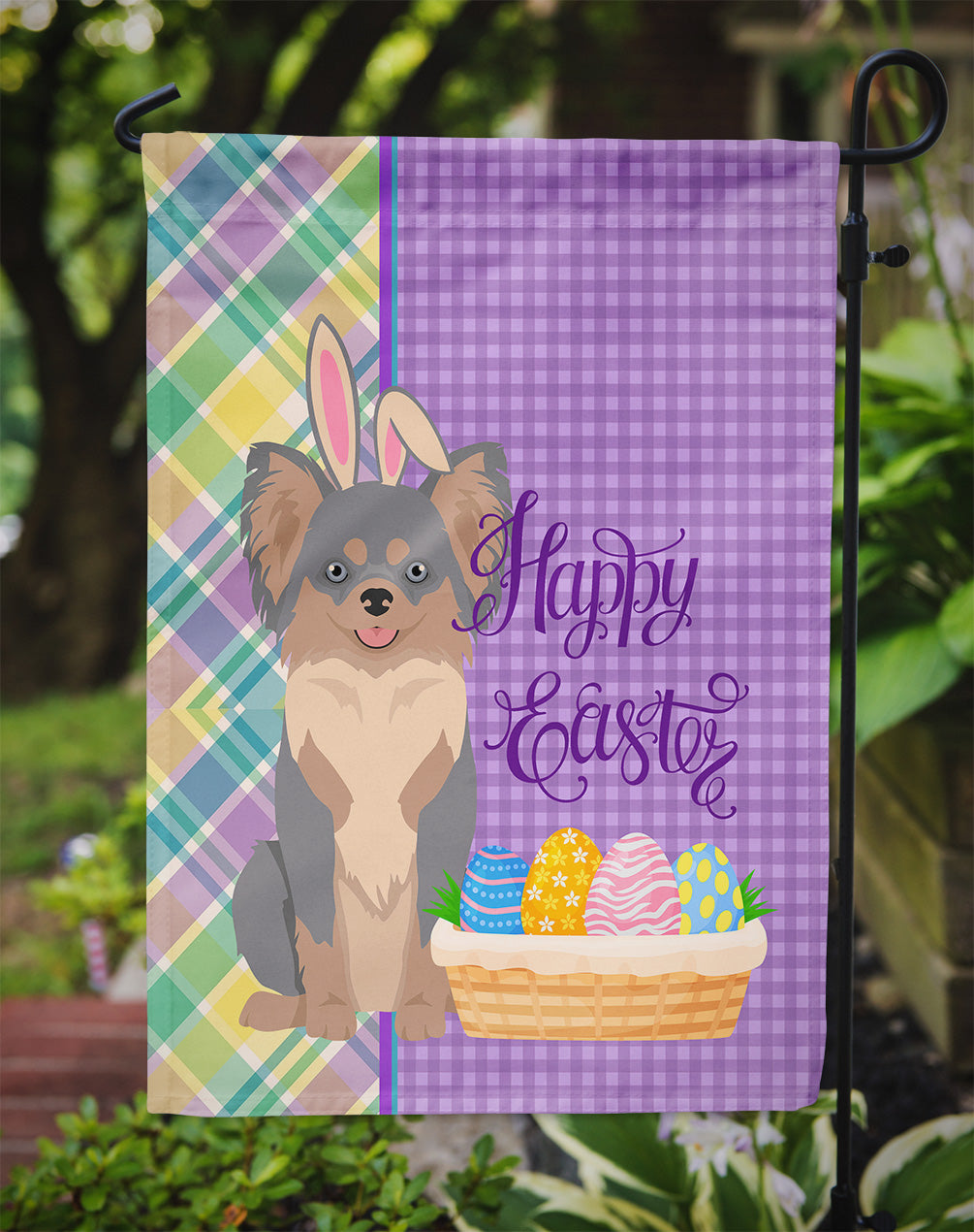 Longhaired Blue and Tan Chihuahua Easter Flag Garden Size  the-store.com.