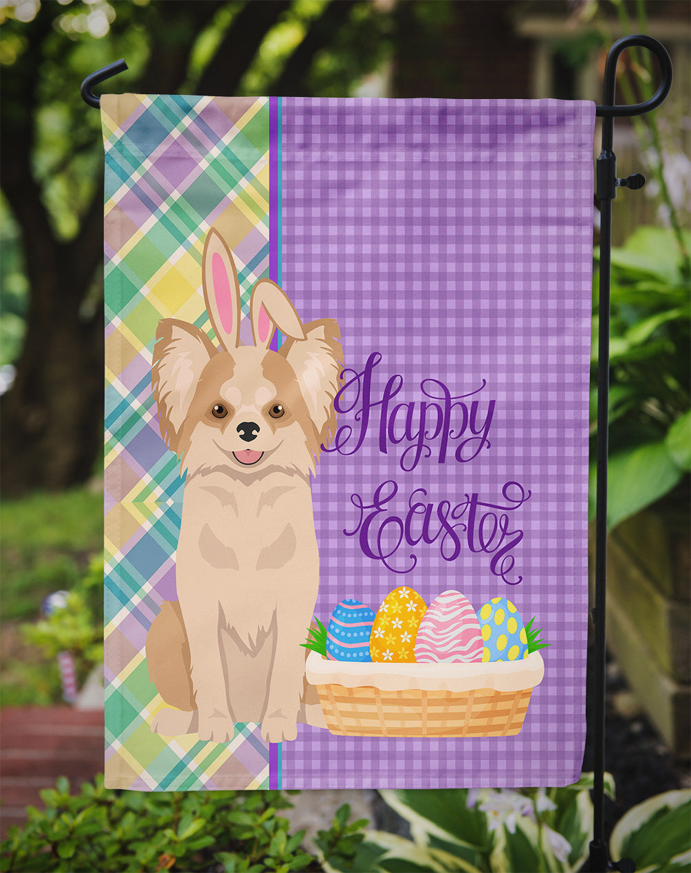 Longhaired Gold and White Chihuahua Easter Flag Garden Size