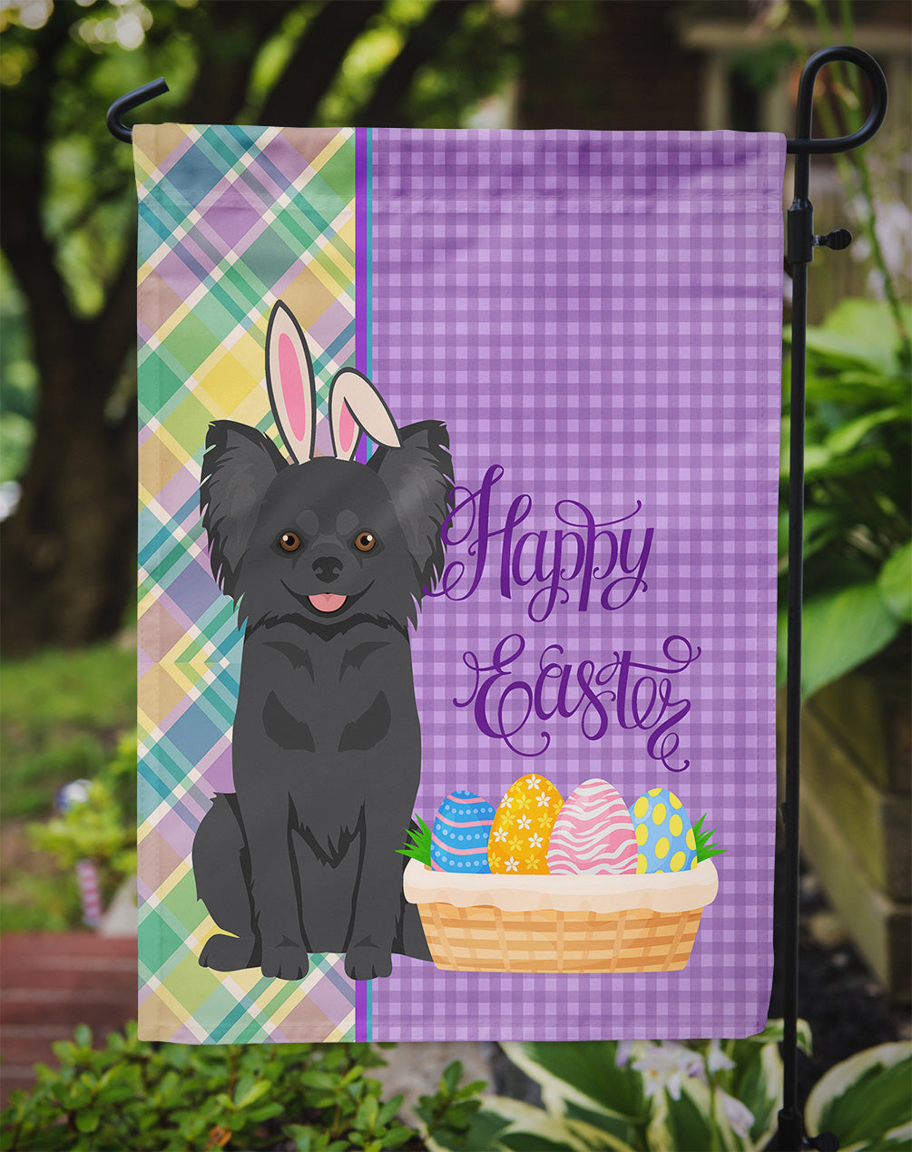 Longhaired Black Chihuahua Easter Flag Garden Size  the-store.com.
