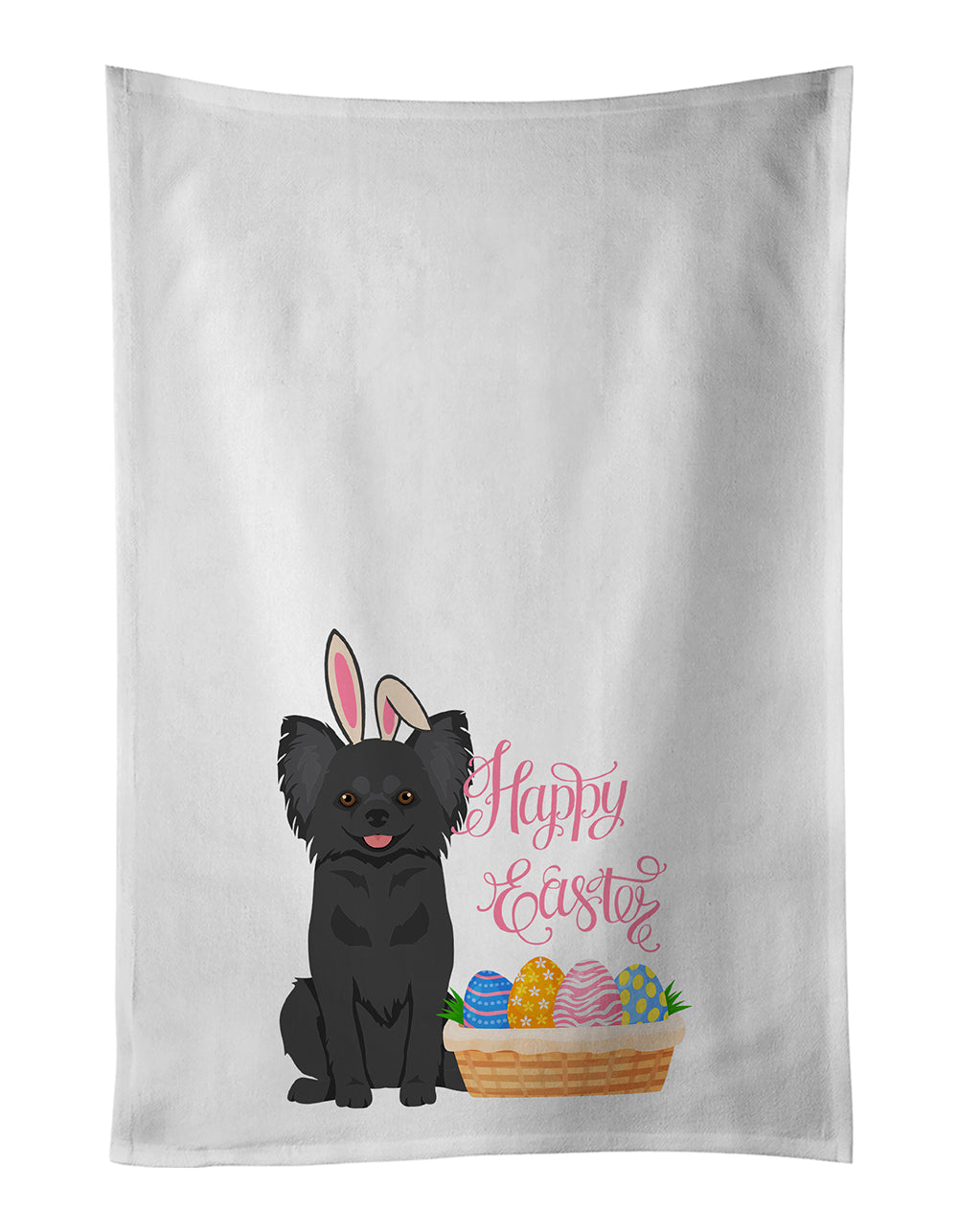 Buy this Longhaired Black Chihuahua Easter White Kitchen Towel Set of 2 Dish Towels