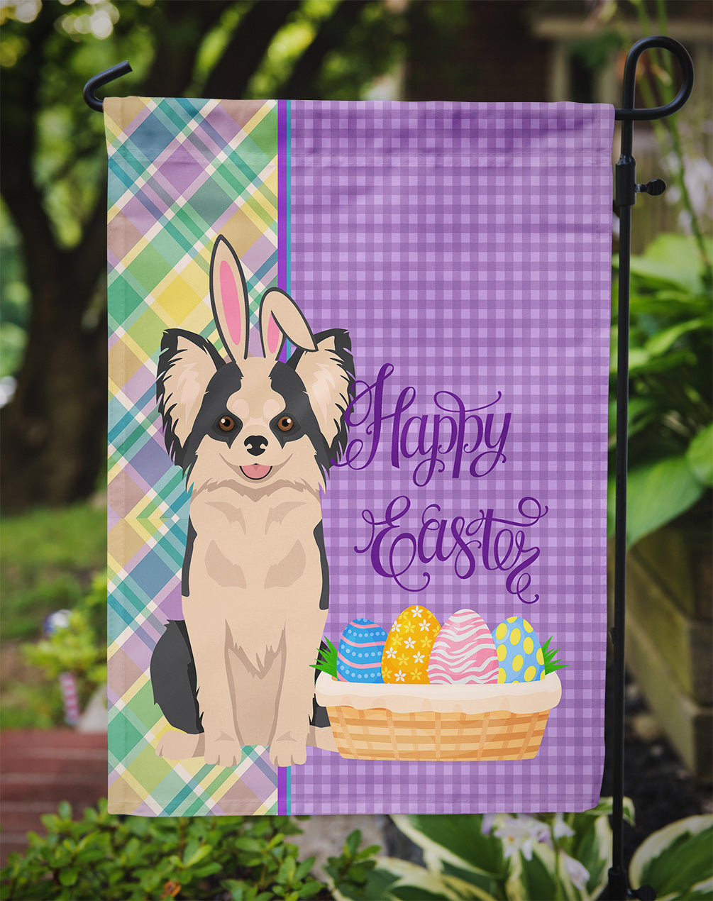 Longhaired Black and White #2 Chihuahua Easter Flag Garden Size