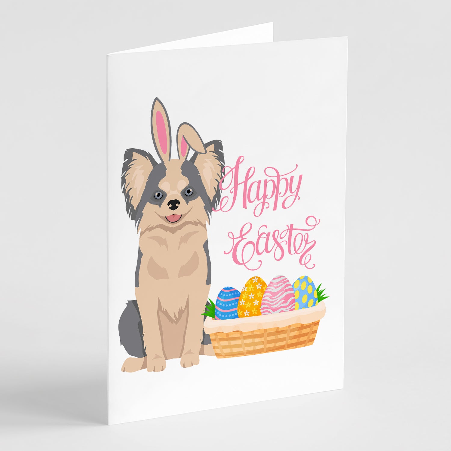 Buy this Longhaired Blue and White Chihuahua Easter Greeting Cards and Envelopes Pack of 8