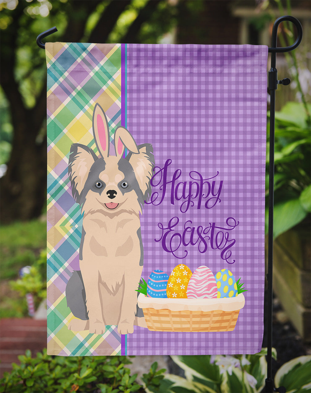 Longhaired Blue and White Chihuahua Easter Flag Garden Size