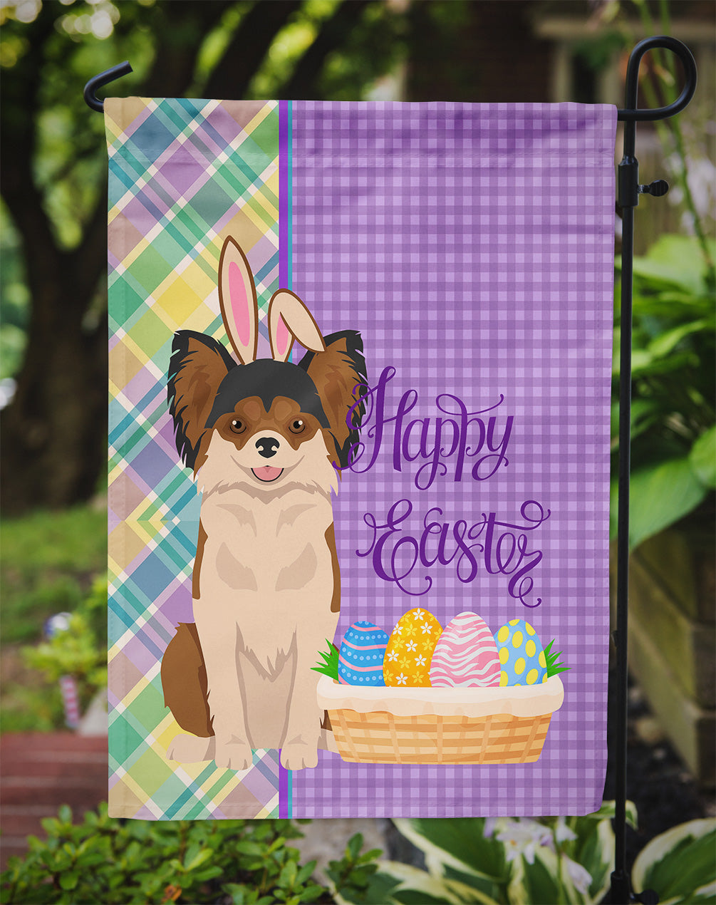 Longhaired Black and Red Chihuahua Easter Flag Garden Size  the-store.com.