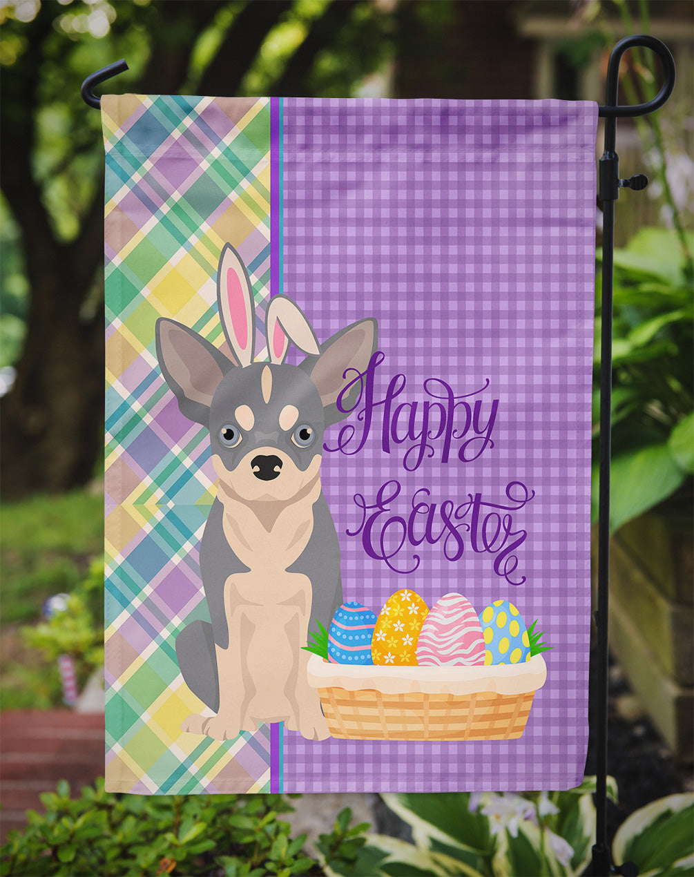 Blue and White Chihuahua Easter Flag Garden Size