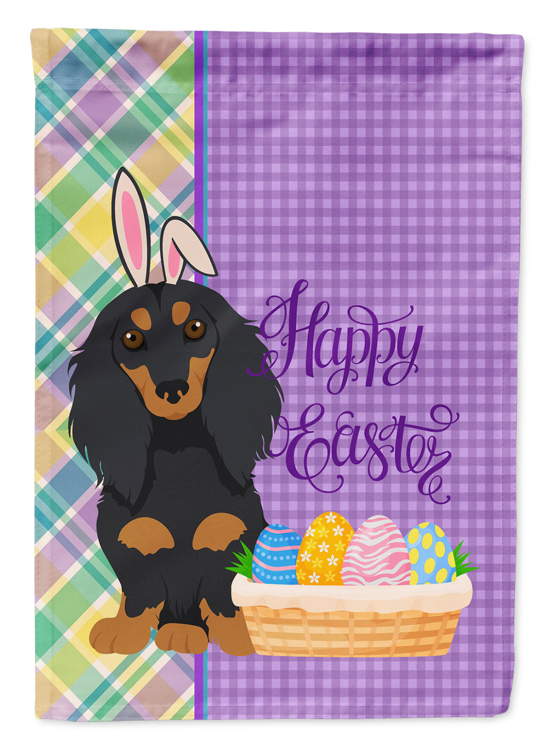 Longhair Black and Tan Dachshund Easter Flag Garden Size  the-store.com.