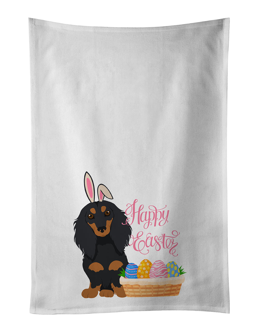 Buy this Longhair Black and Tan Dachshund Easter White Kitchen Towel Set of 2 Dish Towels