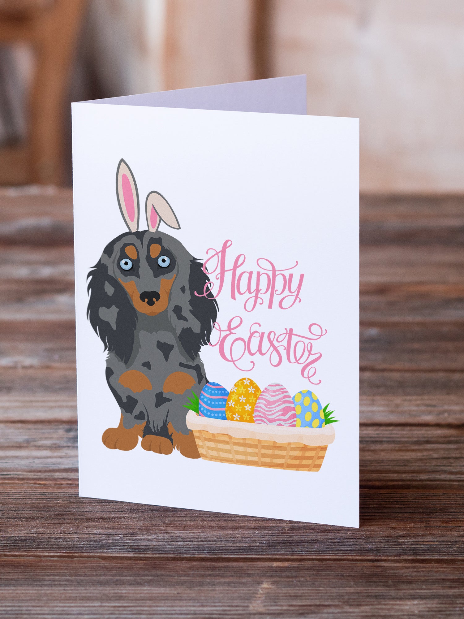 Longhair Blue and Tan Dapple Dachshund Easter Greeting Cards and Envelopes Pack of 8 - the-store.com