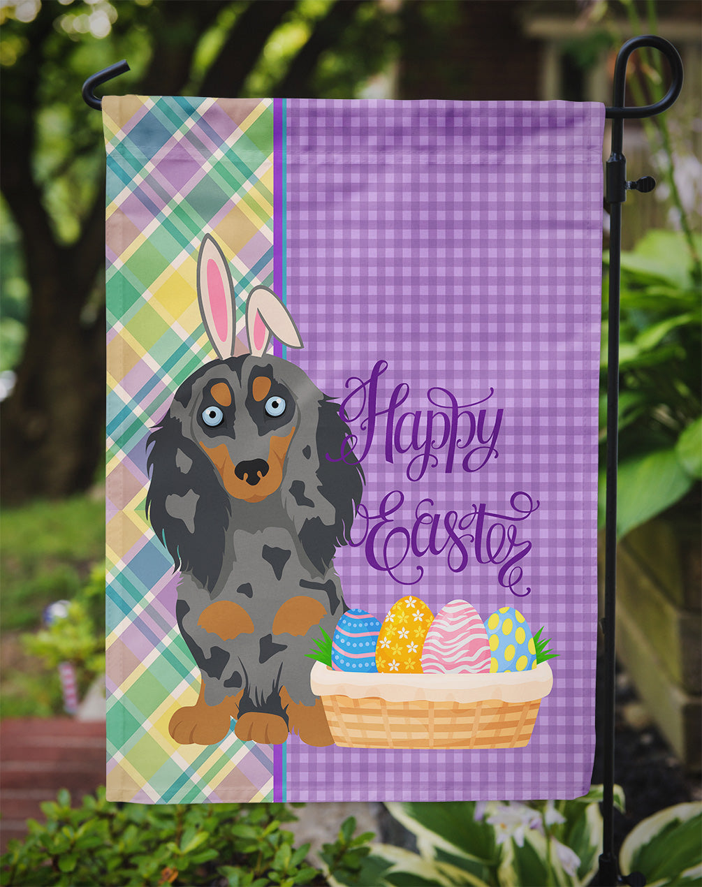 Caroline's Treasures Longhair Blue and Tan Dapple Dachshund Easter Garden Flag – Decorative Outdoor Yard Flag