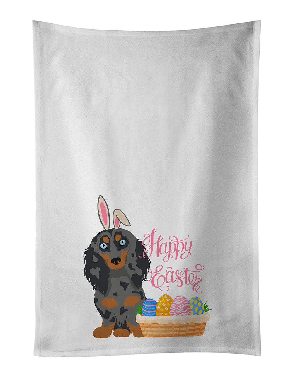 Buy this Longhair Blue and Tan Dapple Dachshund Easter White Kitchen Towel Set of 2 Dish Towels