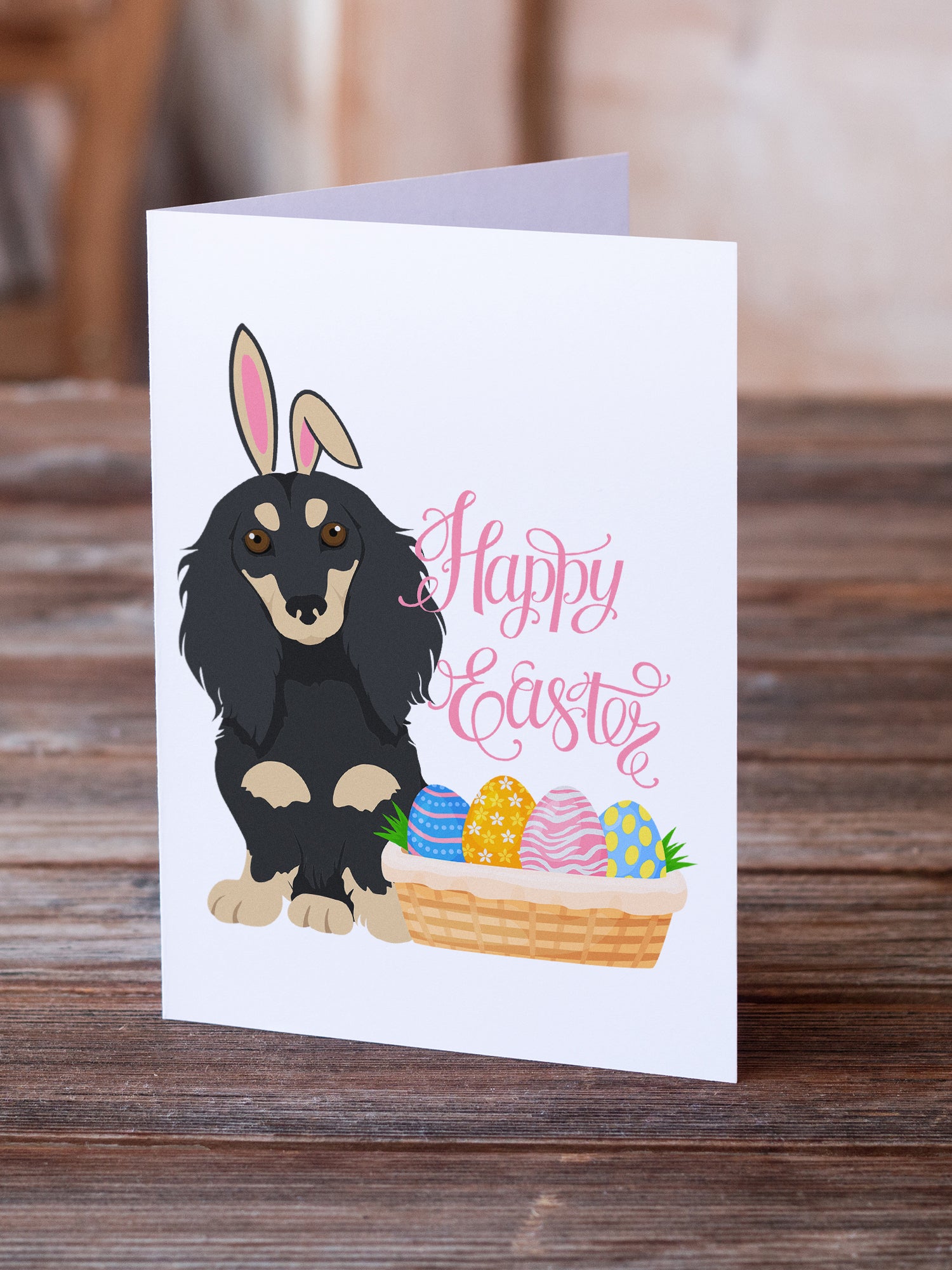Longhair Black and Cream Dachshund Easter Greeting Cards and Envelopes Pack of 8 - the-store.com