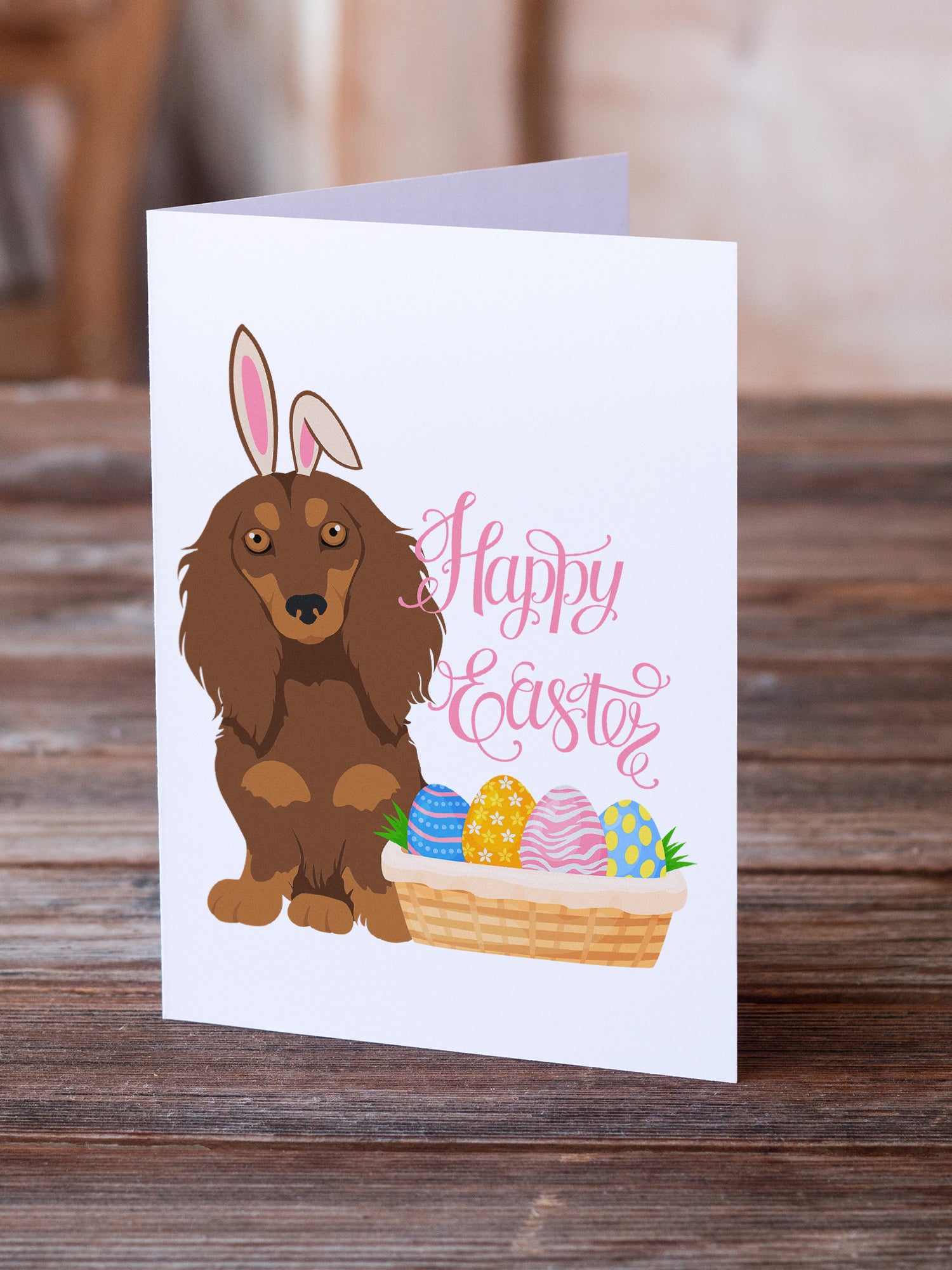 Longhair Chocolate and Tan Dachshund Easter Greeting Cards and Envelopes Pack of 8 - the-store.com