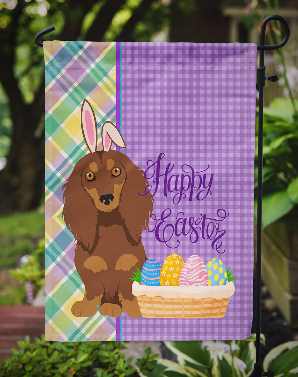 Longhair Chocolate and Tan Dachshund Easter Flag Garden Size  the-store.com.
