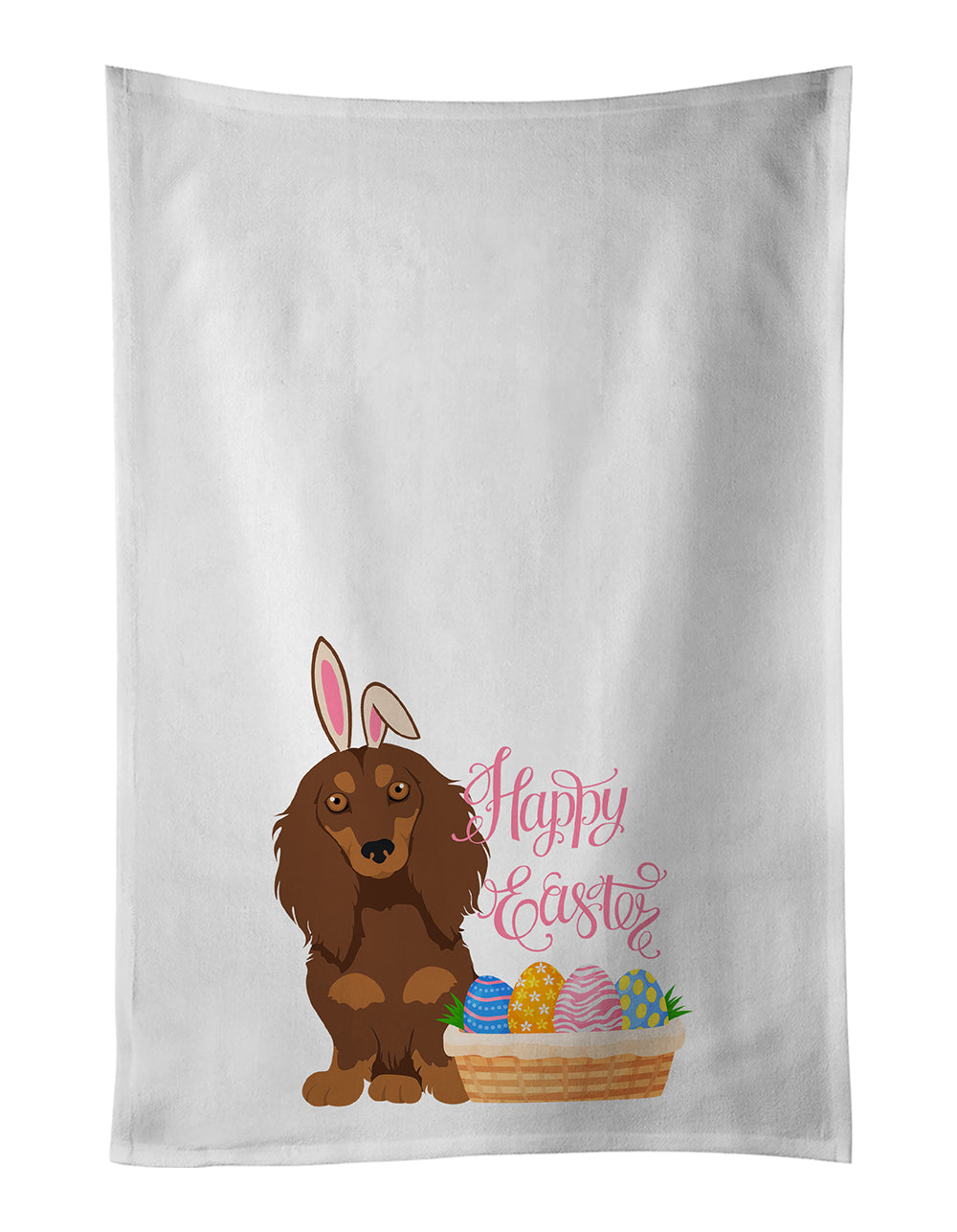Buy this Longhair Chocolate and Tan Dachshund Easter White Kitchen Towel Set of 2 Dish Towels
