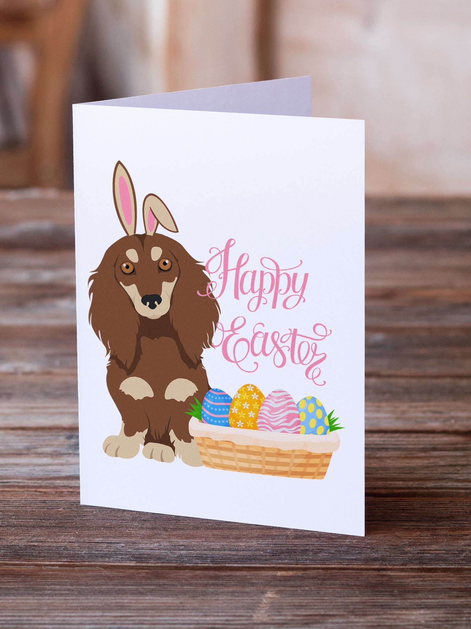 Longhair Chocolate and Cream Dachshund Easter Greeting Cards and Envelopes Pack of 8 - the-store.com