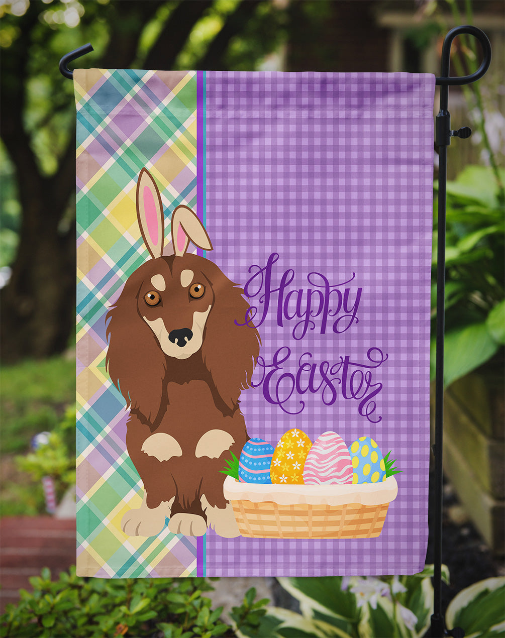 Longhair Chocolate and Cream Dachshund Easter Flag Garden Size  the-store.com.