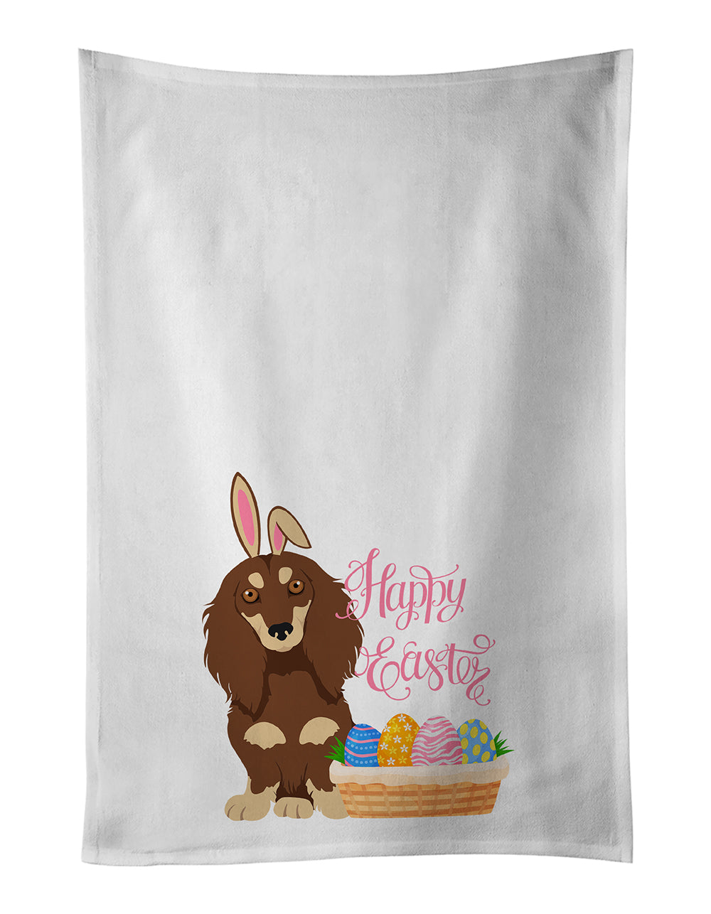 Buy this Longhair Chocolate and Cream Dachshund Easter White Kitchen Towel Set of 2 Dish Towels