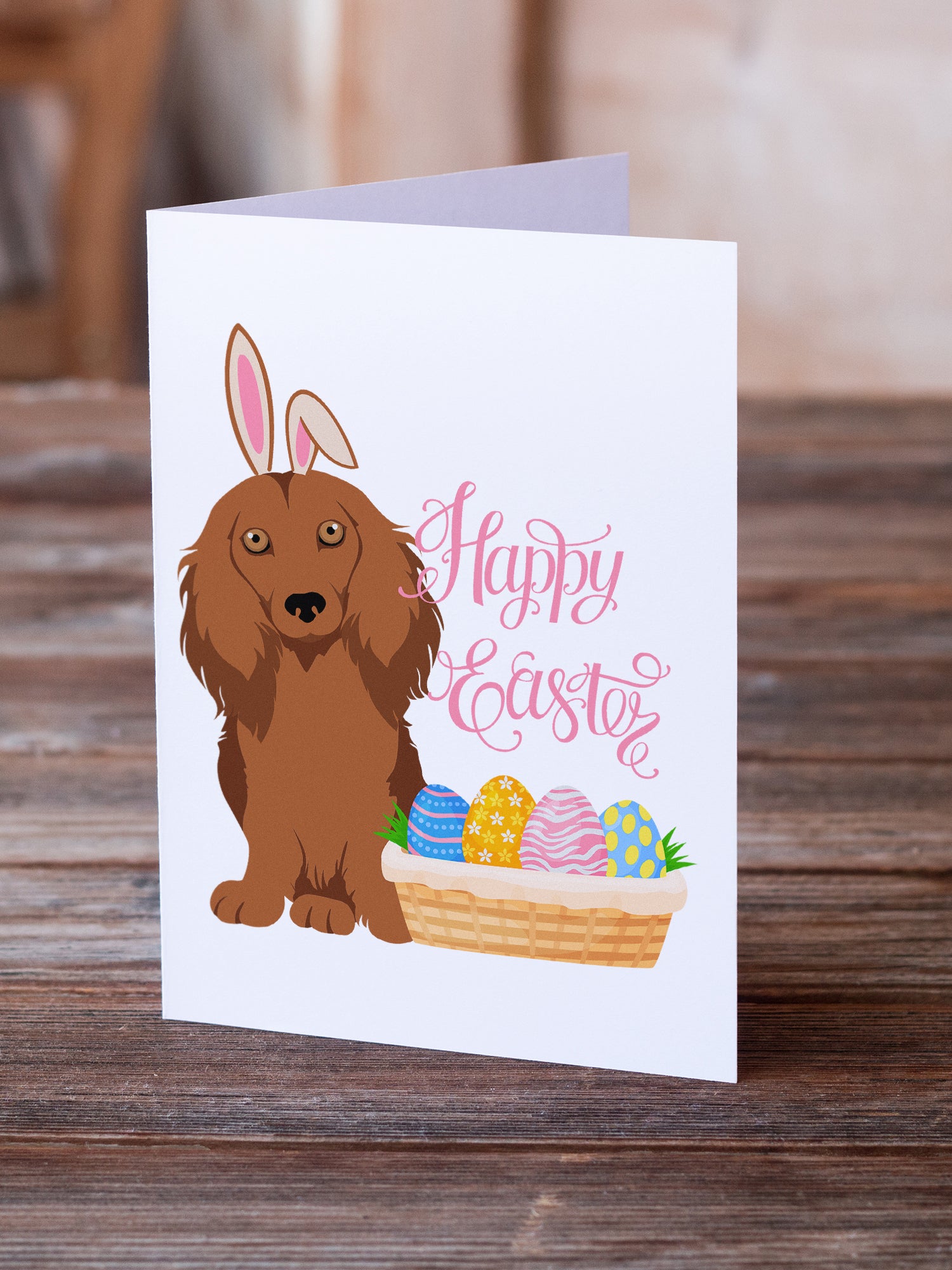 Longhair Red Dachshund Easter Greeting Cards and Envelopes Pack of 8 - the-store.com