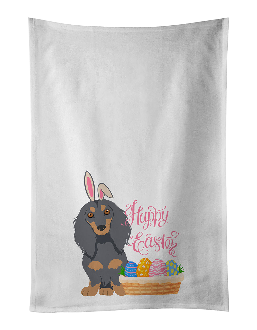Buy this Longhair Blue and Tan Dachshund Easter White Kitchen Towel Set of 2 Dish Towels