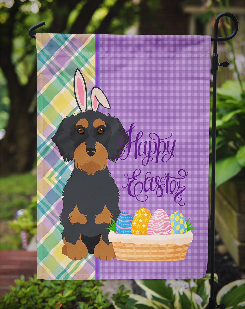 Wirehair Black and Tan Dachshund Easter Flag Garden Size