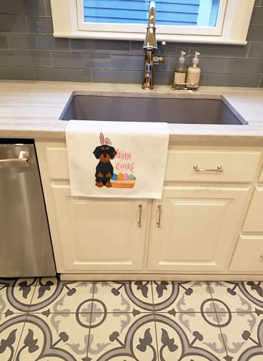 Wirehair Black and Tan Dachshund Easter White Kitchen Towel Set of 2 Dish Towels - the-store.com