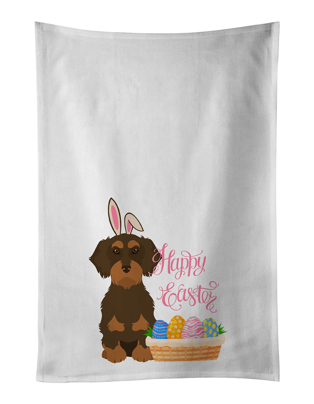 Buy this Wirehair Chocolate and Tan Dachshund Easter White Kitchen Towel Set of 2 Dish Towels