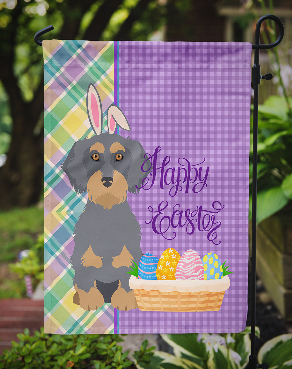 Wirehair Blue and Tan Dachshund Easter Flag Garden Size  the-store.com.