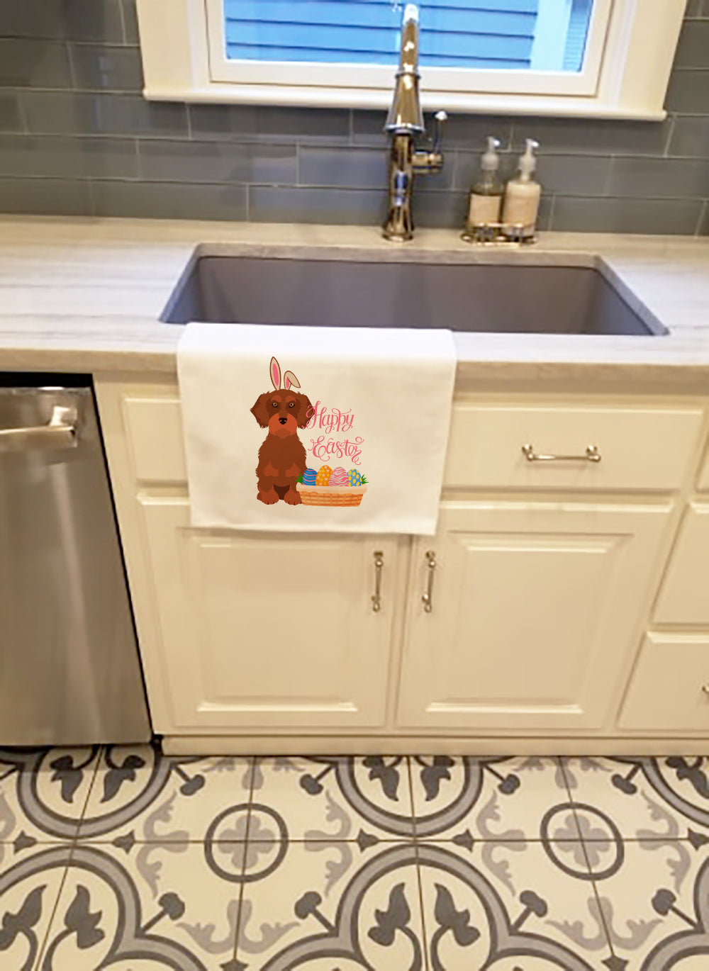 Wirehair Red Dachshund Easter White Kitchen Towel Set of 2 Dish Towels - the-store.com