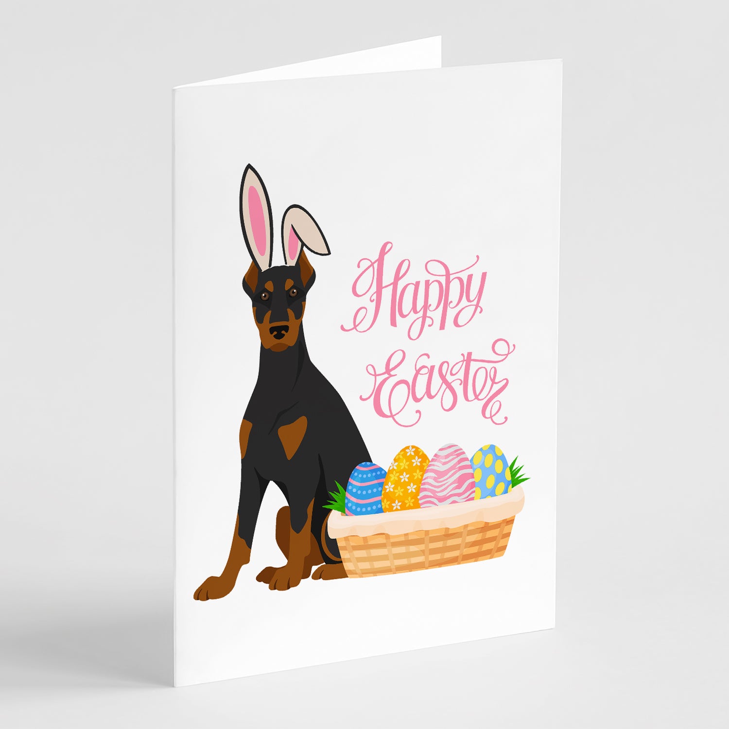 Buy this Black and Tan Doberman Pinscher Easter Greeting Cards and Envelopes Pack of 8