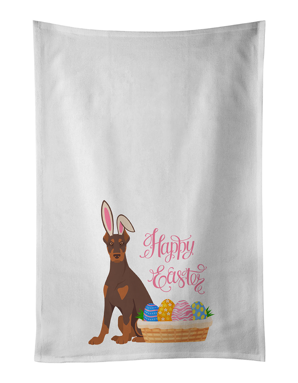 Buy this Red and Tan Doberman Pinscher Easter White Kitchen Towel Set of 2 Dish Towels