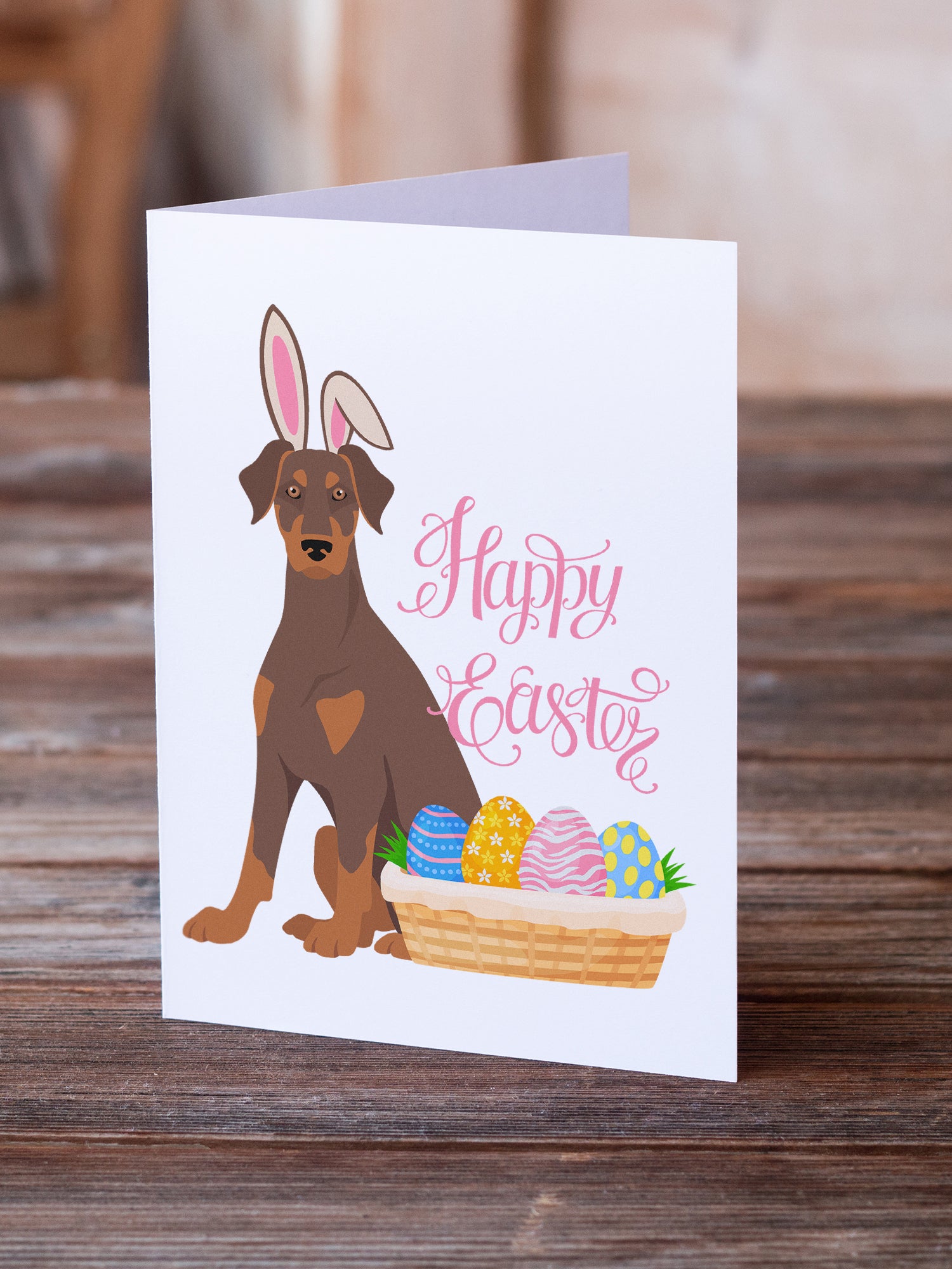Buy this Natural Ear Red and Tan Doberman Pinscher Easter Greeting Cards and Envelopes Pack of 8