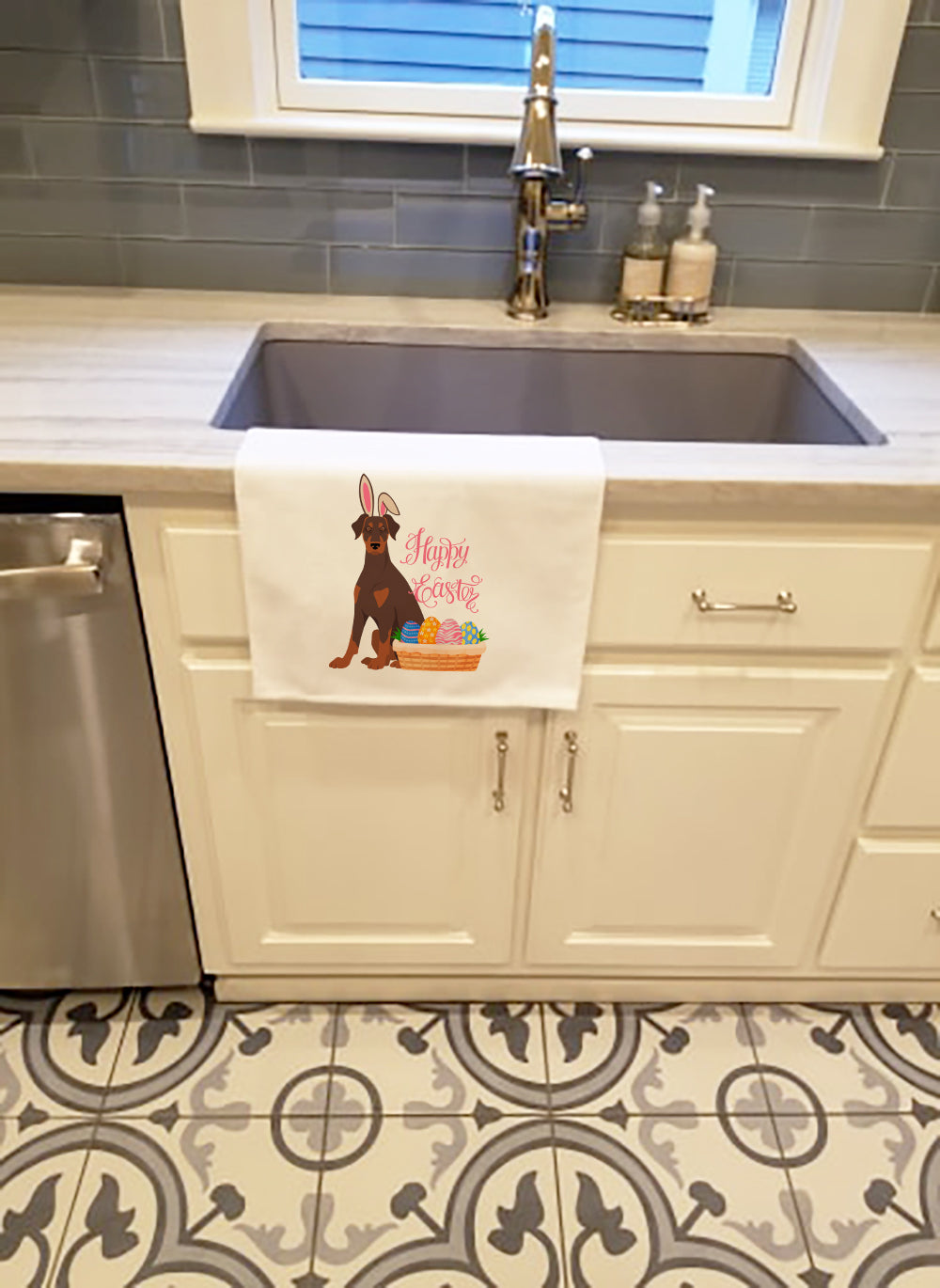 Natural Ear Red and Tan Doberman Pinscher Easter White Kitchen Towel Set of 2 Dish Towels - the-store.com