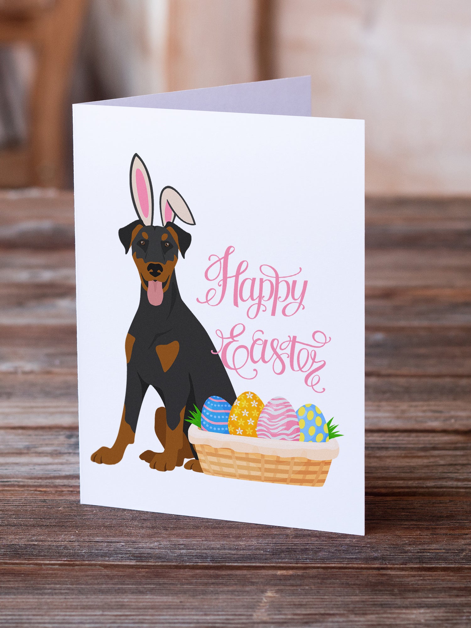 Buy this Natural Ear Black and Tan Doberman Pinscher Easter Greeting Cards and Envelopes Pack of 8