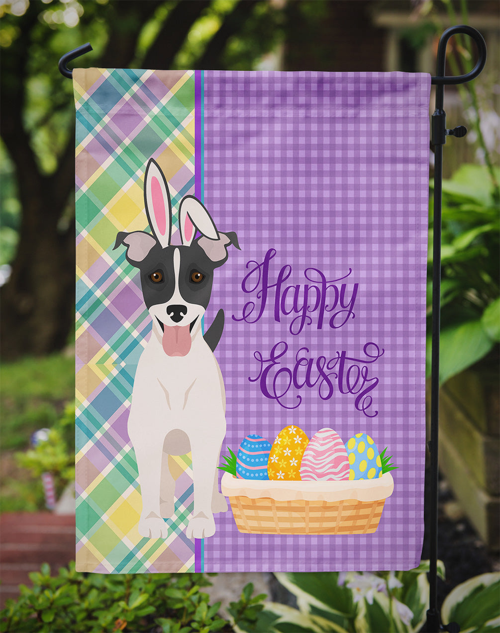 Black White Smooth Jack Russell Terrier Easter Flag Garden Size  the-store.com.