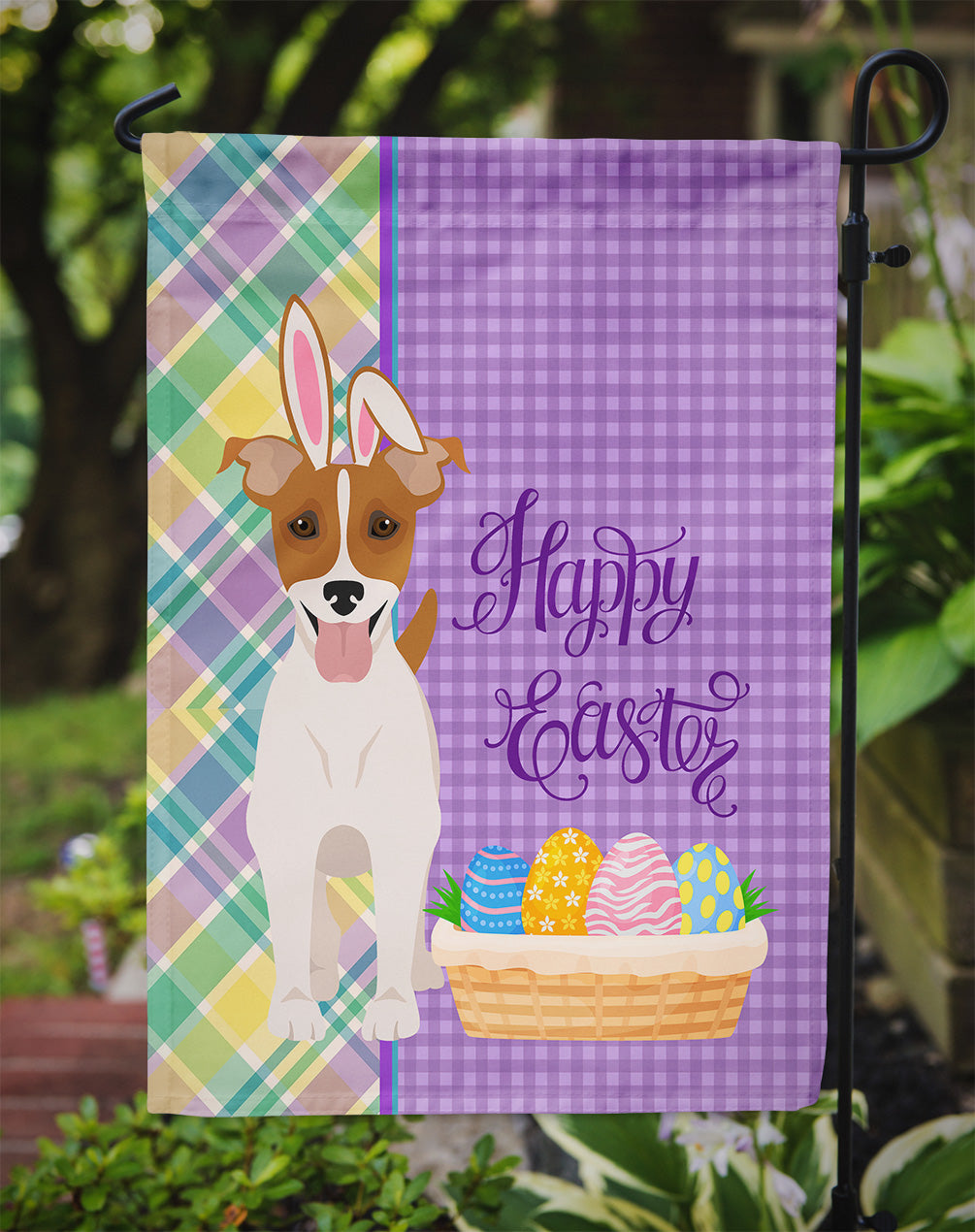 Brown White Smooth Jack Russell Terrier Easter Flag Garden Size  the-store.com.