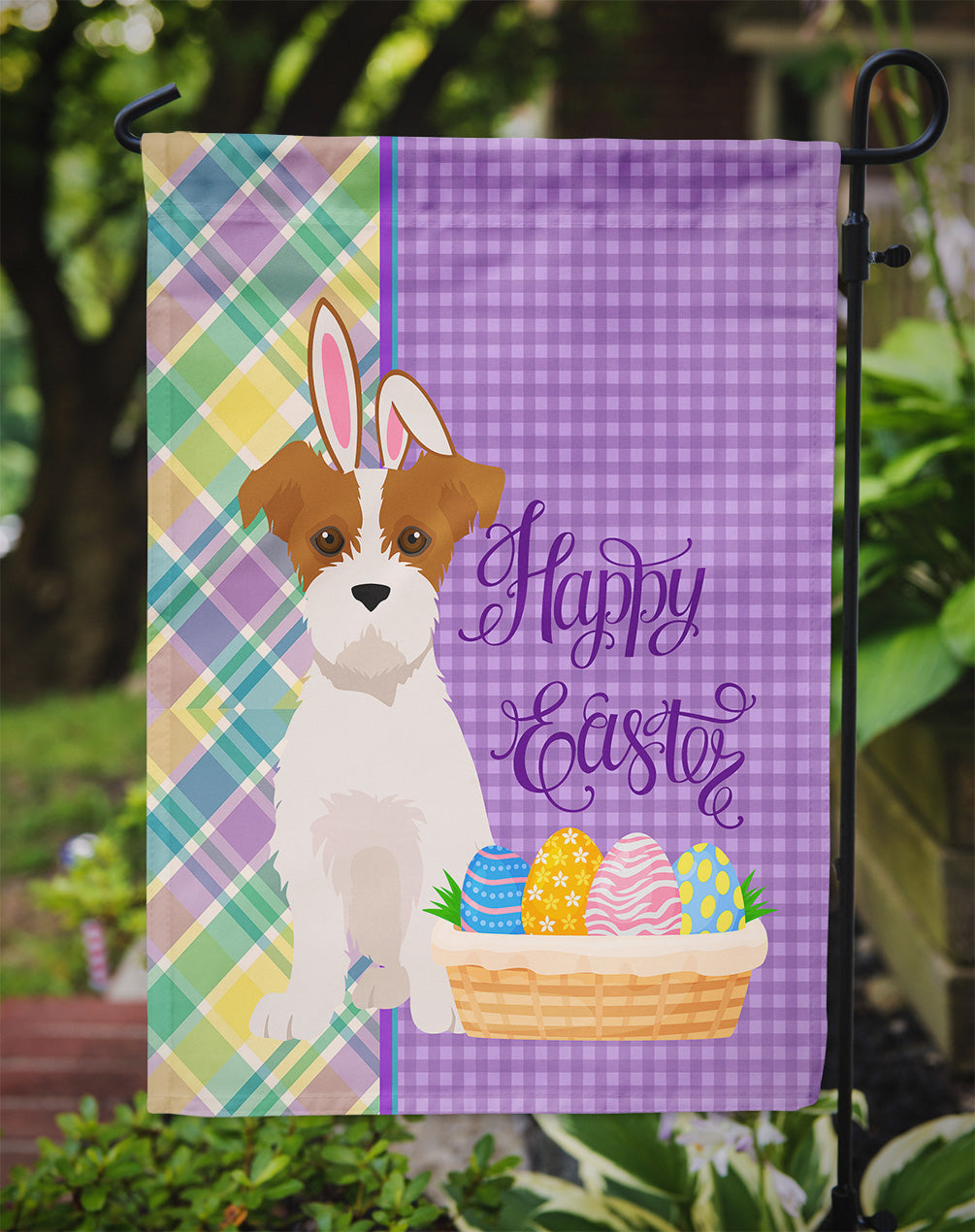 Brown White Wirehair Jack Russell Terrier Easter Flag Garden Size  the-store.com.